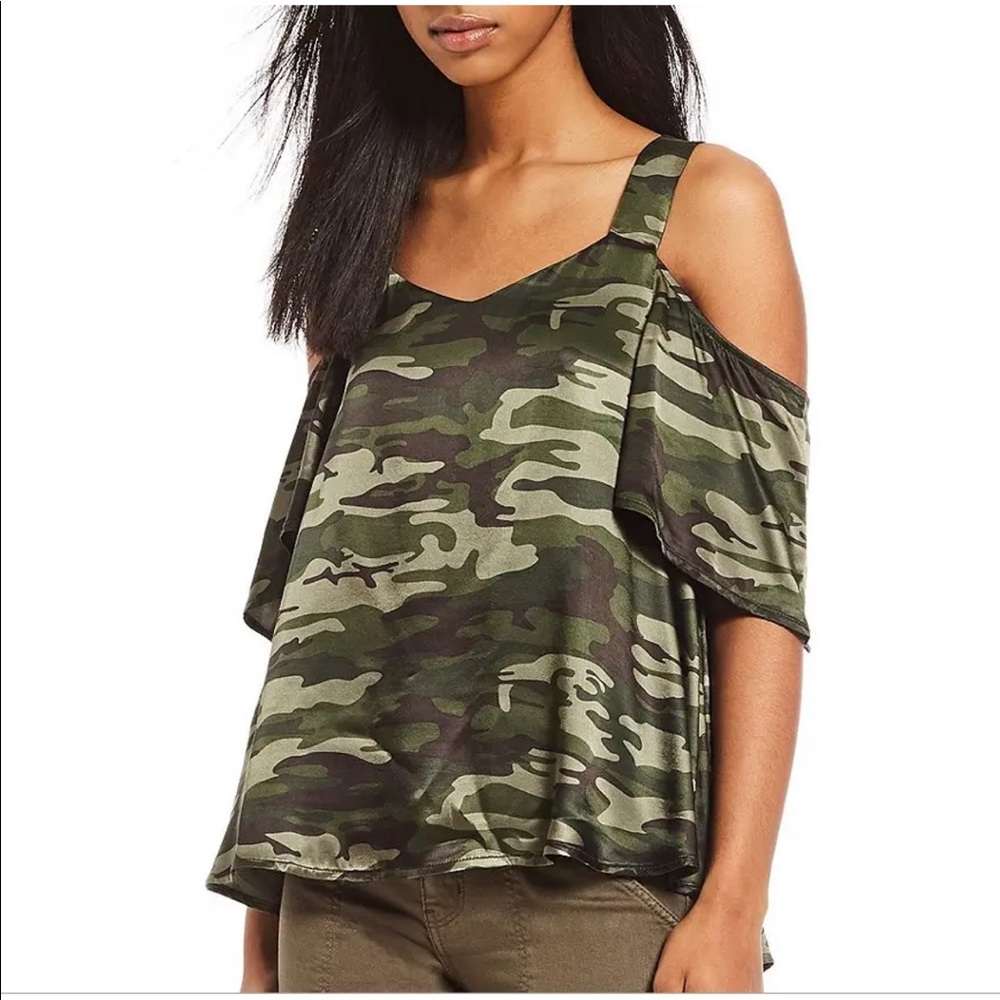 Anthropologie Sanctuary Drea satin camo off-the-shoulder top‎